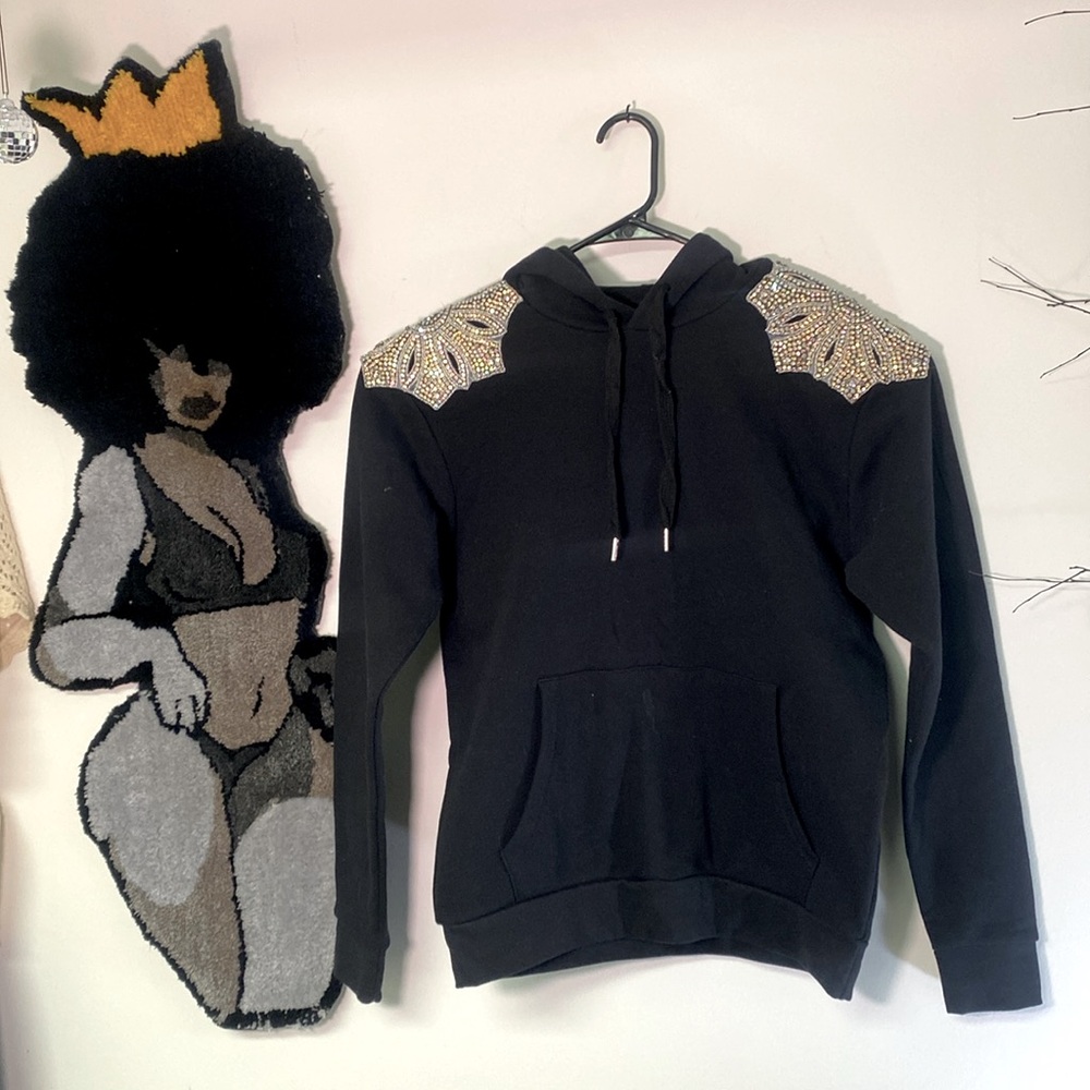 Black Hoodie Sweatshirt with Rhinestone Embellished Shoulders